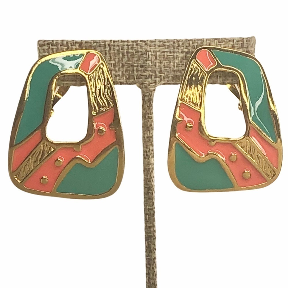 Vintage Orange & Teal Abstract Clip-on Statement Earrings